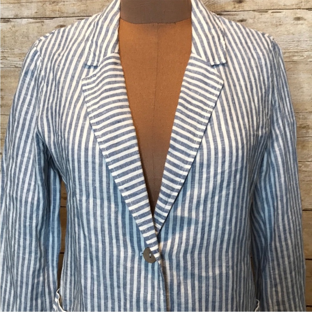 Linen Blazer Jacket Striped Blue and White Size Small